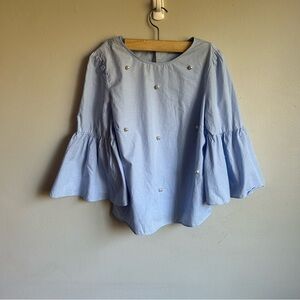 Zara Small Light Blue Pearl Bell Sleeve Blouse Top Ruffle Cuff Keyhole Back